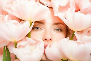 ai generiert Frau umgeben durch blass Rosa Tulpen im Nahansicht Aussicht foto