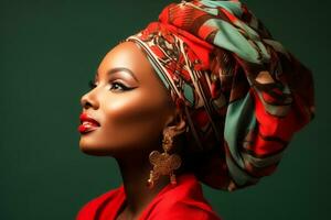 ai generiert anmutig afrikanisch amerikanisch Frau mit Kopftuch und rot Lippenstift foto