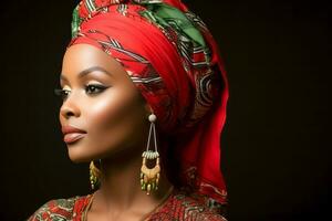 ai generiert jung afrikanisch Frau mit rot Kopftuch und Perlen Ohrringe foto