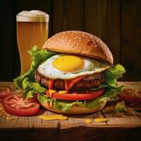 ai generiert Burger mit Fleisch gebraten Ei Tomate und Salat Blätter serviert mit Pint von Bier auf hölzern Tafel ai generativ foto