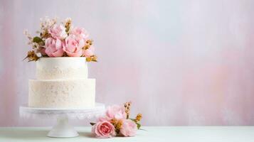 ai generiert ein Vintage-inspiriert Hochzeit Kuchen mit Spitze Einzelheiten und Rosa Blumen, einstellen gegen ein Sanft Pastell- Hintergrund. foto