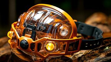 ai generiert Orange Sicherheit Helm auf Holz Hintergrund. Sicherheit Konzept. selektiv Fokus. foto