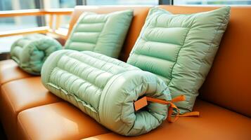 ai generiert komfortabel Sofa mit Kissen im ein Cafe, Nahansicht. foto