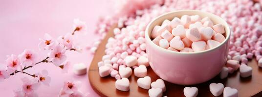 ai generiert Valentinstag Tag Hintergrund mit Herz geformt Süßigkeiten und Tasse von Tee. foto