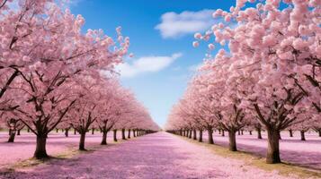 ai generiert ein Feld von Rosa Kirsche blühen Bäume im voll blühen gegen ein Blau Himmel foto