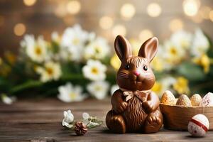 ai generiert Schokolade Hase mit Ostern Eier auf ein hölzern Tisch. Frühling Urlaub Hintergrund. generiert durch künstlich Intelligenz foto