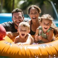 ai generiert glücklich Familie genießen ein Tag im Schwimmbad, mit Kinder spielen auf Schlauchboote und Eltern faulenzen in der Nähe foto