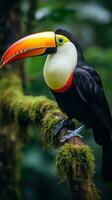 ai generiert ein exotisch Tukan thront auf ein Baum Zweig, es ist beschwingt Orange und Gelb Schnabel kontrastieren gegen foto