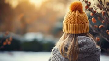 ai generiert ein Frau Sitzung auf ein hölzern Bank im ein Park, Stricken ein warm Hut und tragen ein gemütlich Sweatshirt foto