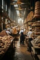 ai generiert geschäftig Bäckerei, mit Bäcker im Weiß Schürzen und Hüte ziehen um um Gestelle von Brot und Gebäck foto