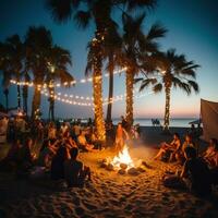 ai generiert ein Strand Party mit Palme Bäume und Licht Birne Girlanden Rahmung das Szene foto