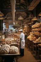 ai generiert geschäftig Bäckerei, mit Bäcker im Weiß Schürzen und Hüte ziehen um um Gestelle von Brot und Gebäck foto