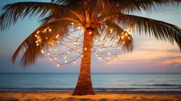 ai generiert ein Palme Baum auf ein Strand, umgeben durch ein Zeichenfolge von Licht Birne Girlanden foto