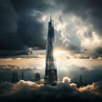 ai generiert Wolkenkratzer Piercing durch ein Decke von Wolken, das Leistung und Ambition von modern die Architektur foto