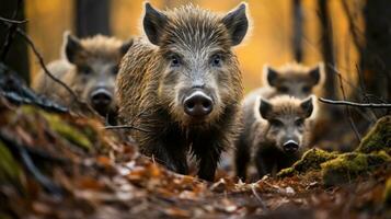 ai generiert ein Familie von wild Eber Nahrungssuche durch das Wald Boden, ihr unverwechselbar Schnauzen und borstig Pelz auf voll Anzeige foto