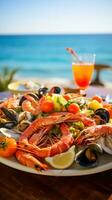 ai generiert Teller von köstlich Meeresfrüchte Vorspeisen serviert auf ein Strand Tabelle mit ein malerisch Aussicht von das Meer foto