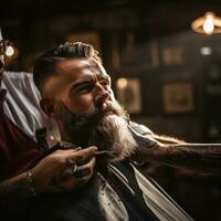 ai generiert Friseur Hand halten ein Gerade Rasierer bereit zu rasieren ein Kunden Bart foto