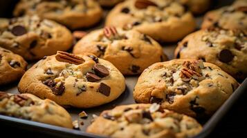 ai generiert Tablett von frisch gebacken Kekse, mit Schokolade Chips und Brocken von Nüsse spähen aus von das Teig. foto