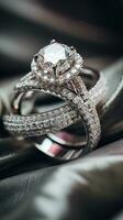 ai generiert ein Nahansicht von ein Braut Hand präsentieren ihr kompliziert Engagement Ring und Hochzeit Band. foto