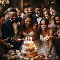 ai generiert ein Braut und Bräutigam Schneiden ihr Hochzeit Kuchen umgeben durch ihr froh Gäste foto