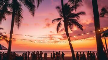 ai generiert ein Strand Party beim Dämmerung mit Palme Bäume silhouettiert gegen ein Rosa und Orange Himmel foto