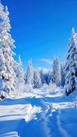 ai generiert Panorama- Aussicht von ein schneebedeckt Landschaft mit schneebedeckt Bäume und ein hell Blau Himmel, foto