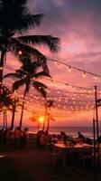 ai generiert ein Strand Party beim Dämmerung mit Palme Bäume silhouettiert gegen ein Rosa und Orange Himmel foto