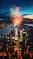 ai generiert das Aussicht von das Himmel von Stadt auf Neu Jahre Nacht ist ein blendend Schauspiel von Beleuchtung foto