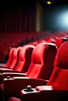 ai generiert leeren Film Theater Sitze mit ein leer Bildschirm im das Hintergrund, foto