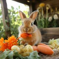 ai generiert ein wunderlich Foto von ein Hase mampfend auf ein Karotte, mit Ostern Eier und Frühling Blumen