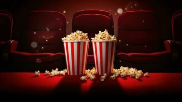 ai generiert Kino Sitze mit Popcorn und trinken foto