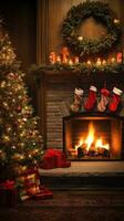 ai generiert dekoriert Weihnachten Baum, die Geschenke, und ein brüllend Feuer im das Kamin foto