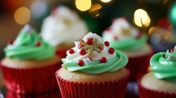 ai generiert schön dekoriert Cupcakes mit festlich rot und Grün Glasur und essbar Weihnachten Dekorationen foto