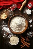 ai generiert Backen Lieferungen, Mehl, Zucker, Plätzchen schneider, und ein rollen Stift, zum das Weihnachten Backen Geist. foto