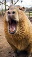 ai generiert ein Capybara im ein Zoo, Dort groß Vorderseite Zähne und vernetzt Füße foto