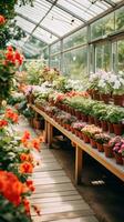 ai generiert ein Bild von ein sauber, modern Gewächshaus gefüllt mit Reihen von eingetopft Pflanzen und Blumen foto
