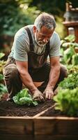 ai generiert Gärtner kniend im Vorderseite von ein angehoben Garten Bett, Pflanzen Saat foto