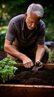 ai generiert Gärtner kniend im Vorderseite von ein angehoben Garten Bett, Pflanzen Saat foto