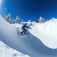 ai generiert ein Snowboarder Carving durch ein Halfpipe, mit ein klar Blau Himmel über foto