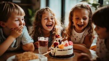 ai generiert ein Gruppe von Kinder versammelt um ein Tisch, Lachen und genießen Scheiben von Kuchen und Brille von Saft foto