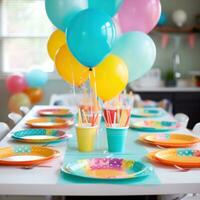 ai generiert festlich Tabelle Rahmen mit bunt Platten, und Luftballons, bereit zum ein Spaß und lebhaft Geburtstag Party foto