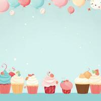 ai generiert ein heiter und festlich Geburtstag Hintergrund mit Cupcakes und Luftballons foto