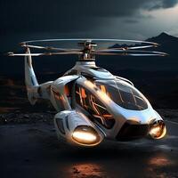 ai generiert modern futuristisch Hubschrauber auf Dach von ein Wolkenkratzer foto