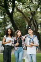 jung Hochschule Studenten und ein weiblich Schüler Gruppe Arbeit beim das Campus Park foto