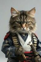 ai generiert Samurai Katze realistisch halten ein Katana Schwert foto