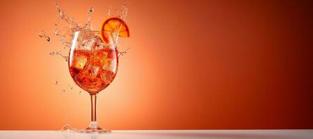 ai generiert generativ ai, Glas von Aperol Spritz auf neutral Hintergrund mit Spritzer, Kopieren Raum zum Werbung foto