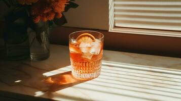 ai generiert generativ ai, Glas von Aperol Spritz auf hölzern Tabelle mit Sonne Beleuchtung und Schatten, ästhetisch stumm geschaltet Farben foto