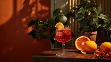 ai generiert generativ ai, Glas von Aperol Spritz auf hölzern Tabelle mit Sonne Beleuchtung und Schatten, ästhetisch stumm geschaltet Farben foto