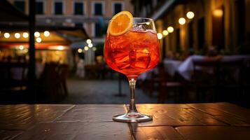 ai generiert generativ ai, Glas von Aperol Spritz auf hölzern Tabelle mit verwischen Hintergrund mit Beleuchtung von Straße Bar, Cafe oder Restaurant foto