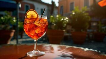 ai generiert generativ ai, Glas von Aperol Spritz auf hölzern Tabelle mit verwischen Hintergrund mit Beleuchtung von Straße Bar, Cafe oder Restaurant foto